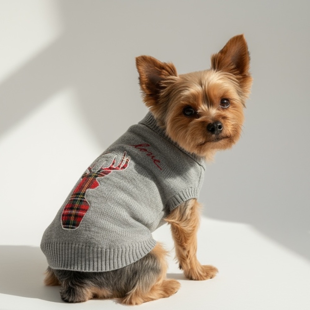 Ellen Degeneres Gray Sweater with Plaid Deer and Love Embroidery